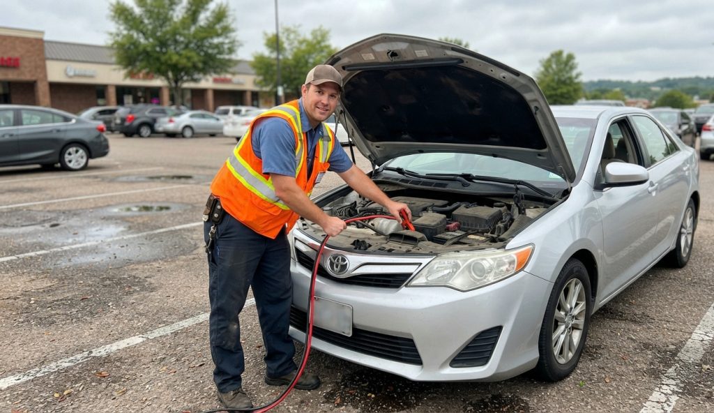 Roadside assistance technician connecting commercial jumper cables to a vehicle with a dead battery in Little Rock, AR.