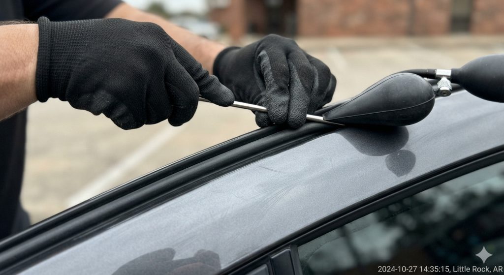Roadside technician using non-marring tools to safely perform an auto unlock service on a sedan in Little Rock, AR.