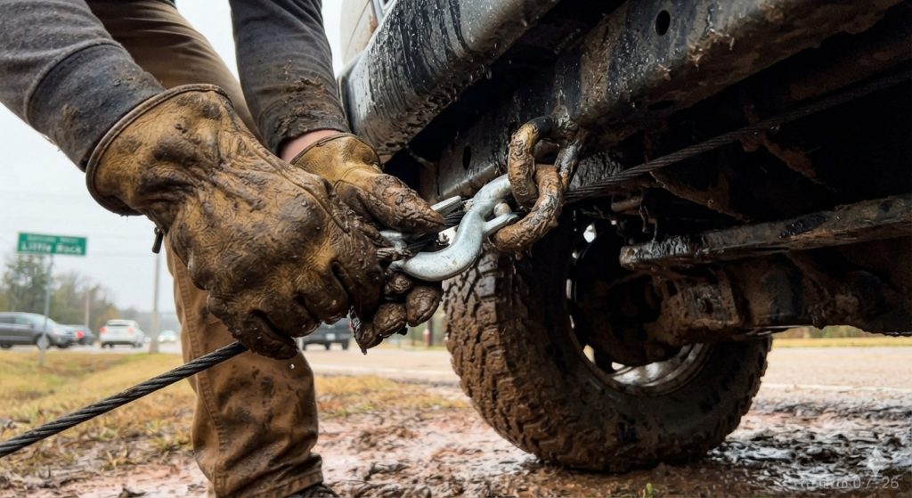 Close-up shot of hands in heavy-duty work gloves securing a steel winch hook onto a vehicle recovery point in Little Rock, AR.