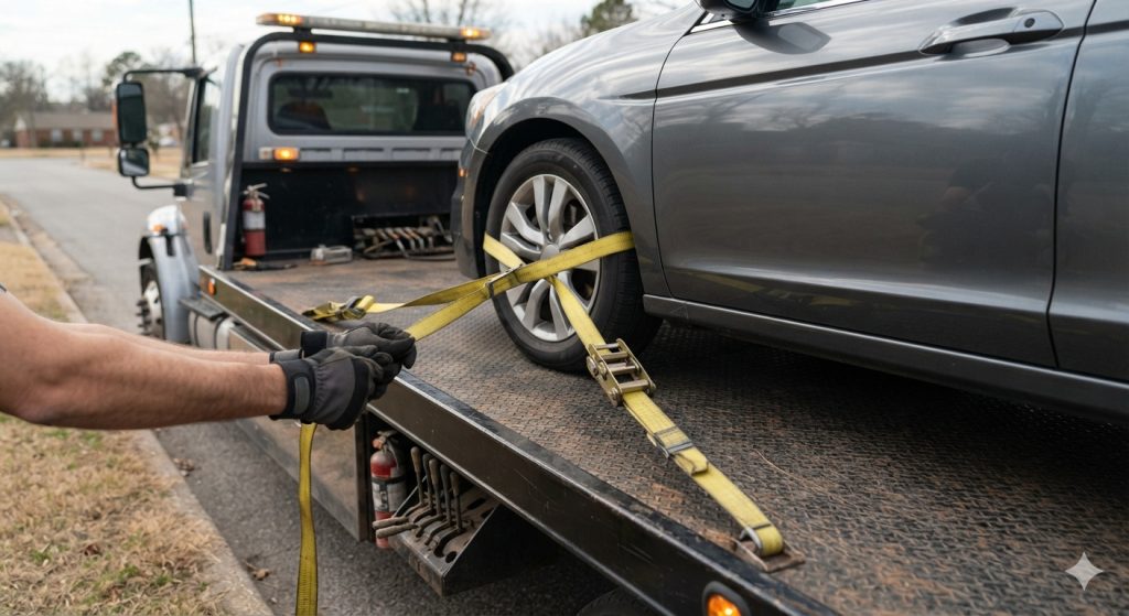 Flatbed Tow Truck Wheel Tie-Down Action in Little Rock, AR